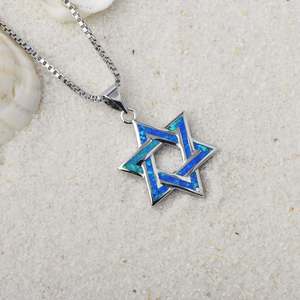 Jüdischer Großhandel Wind Exploitationen Blauer Opal Sechs zackige Stern kette Vergoldeter religiöser Stil Glieder kette Eingelegter Opal - Product Image 4