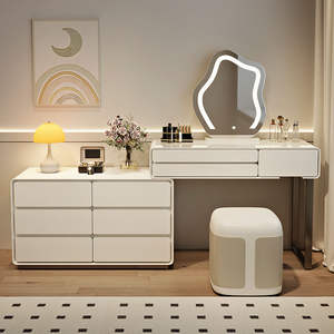 Tocador de madera maciza con espejo de pie, diseño telescópico, 6 gabinetes laterales, mueble de dormitorio de suelo - Product Image 2