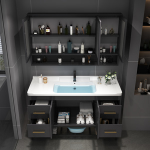 خزانة حمام فاخرة حديثة من الخشب الصلب مع مرآة حمام بإضاءة LED وحوض سيراميك مدمج قائم على الأرض - Product Image 4