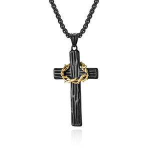 <b>Cross</b> Necklace Men Stainless Steel Black <b>Cross</b> With Gold Thorn Wreath Pendant Fashion Jewelry For Men - Product Image 1