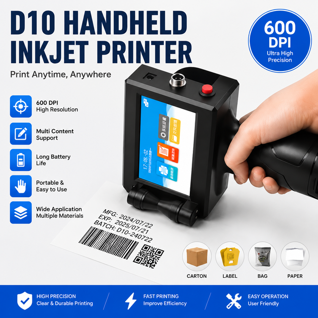 Portable Inkjet Coding Machine D10 300DPI Handheld Printer for Carton Box Label Cable Pipe Product Identification