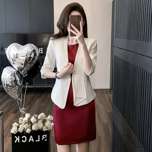 Women's Chiffon Two-Piece Suit <b>Set</b> Half Sleeve Solid Color Red Dress With <b>Blazer</b> 2025 Summer High-End Fashion - Product Image 3