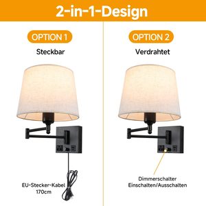 Lampe murale <span class=keywords><strong>de</strong></span> lecture à intensité variable avec abat-jour en tissu <span class=keywords><strong>de</strong></span> lin, applique murale à bras articulé à brancher pour chambre à coucher, hôtel, décoration intérieure - Product Image 6