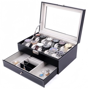 Boîte à montres et bijoux carrée à double couche, 12 compartiments, en cuir PU avec <span class=keywords><strong>ouverture</strong></span> transparente - Product Image 1