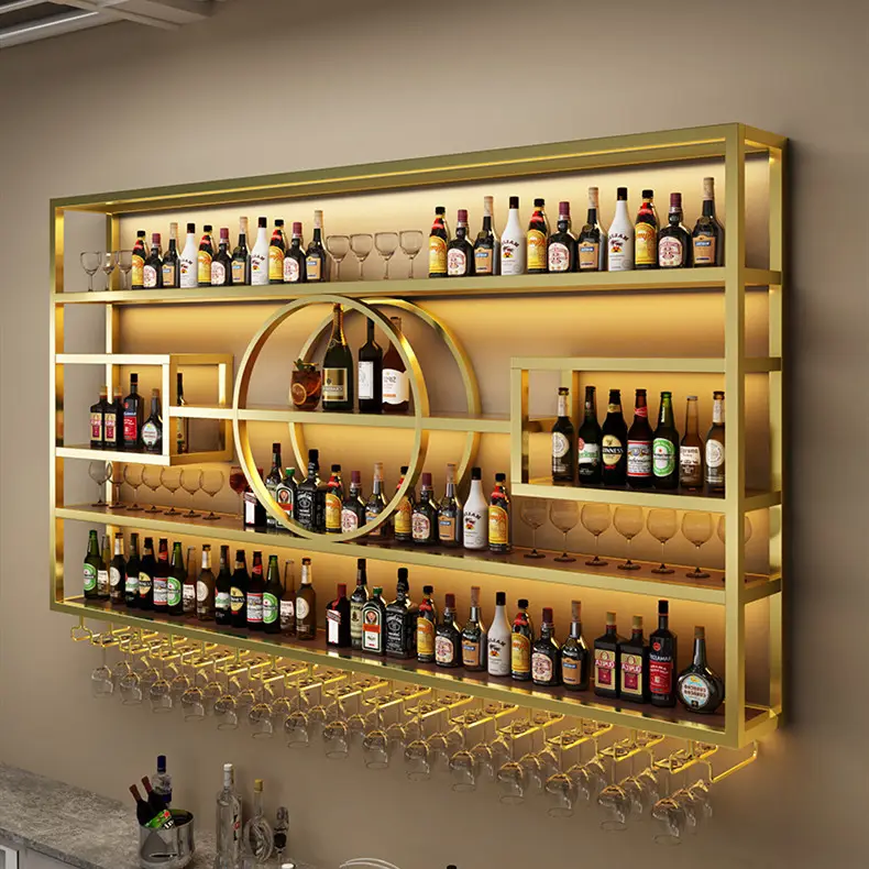 Estantes de exhibición de vino montados en la pared personalizados Estantes de almacenamiento de vidrio de metal Estantes de vino de hierro