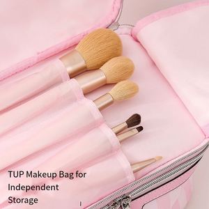 Organizador de Cosméticos Personalizable con Rayas Rosas, Caja de Maquillaje de Viaje de Doble Capa - Product Image 3