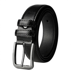 Ceinture formelle en cuir de vache véritable avec boucle rectangulaire argentée, style noir uni et durable - Product Image 1