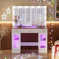 Coiffeuse avec grand miroir et ampoules Hollywood, coiffeuse moderne avec plateau en verre, tiroirs et prise électrique