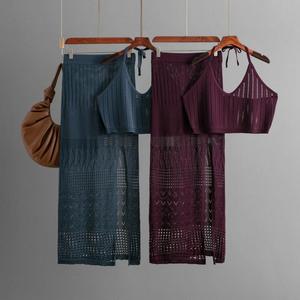 Nouvel ensemble deux pièces décontracté d'été pour femme, style européen et américain : débardeur court et jupe fourreau taille haute <span class=keywords><strong>amincissante</strong></span> à découpes et nœud - Product Image 1