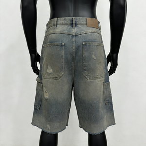 Shorts en jean vintage 100 % coton, peints à la main, effet vieilli, délavage léger, fermeture éclair en cristal, style streetwear - Product Image 2