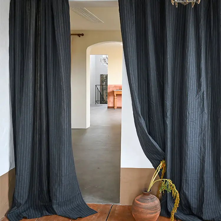 Cortina a rayas de lujo, cortinas de lino 100%, estilo moderno