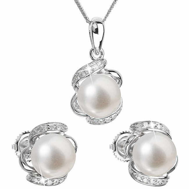 Luxury Silver Bridal Jewelry Set Genuine Freshwater Pearls Diamonds Pavon 29017.1 Classic Geometric Pattern for Weddings Parties