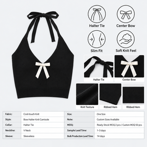 Großhandel Benutzerdefiniertes Logo OEM ODM Damen Schnür-Neckholder-Top Französischer Stil Schleife Wunderschönes Cami Sommer Crop Geripptes Strick-Top - Product Image 4