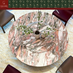 Mesa Redonda Giratoria de Mármol Rosa con Vetas Naranjas para Comedor de Villa de Lujo, Pedestal Híbrido de Mármol y Madera, OEM ODM - Product Image 3