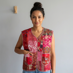 Chaleco bohemio de algodón con patchwork para mujer, cuello en V, sin mangas, acolchado, con bolsillos, ropa exterior ecológica, regalo para ella. - Product Image 1