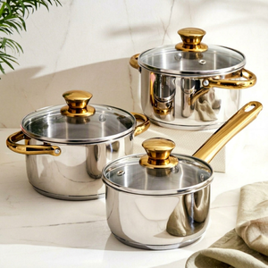 Juego de Utensilios de Cocina de Acero Inoxidable con Asas Doradas y Tapas Metálicas, Moderno y de Lujo, Apto para Horno, 20 Piezas, Apto para Lavavajillas, Inducción y Gas - Product Image 1