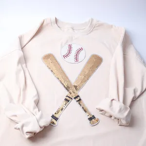 Écusson de baseball à sequins blancs brodés en gros fer sur la poitrine grande taille argent paillettes batte de baseball ensemble d'écussons pour vêtements