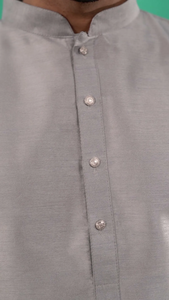 <b>Men</b> Silver-Grey Solid Dupion Silk Straight <b>Kurta</b> with Pajamas Traditional Ethnic Wear for Festive Occasions and Celebrations - Product Image 4