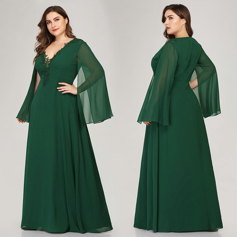 Plus Size Green Evening Dresses A-Line V-Neck Appliques Elegant Women Formal Dresses