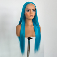 Wig Rambut Lurus Panjang Wanita Warna Biru 13x4 High-end, Terbuat dari Rambut Sintetis Tahan Panas, dengan Lace Crochet di Bagian Depan.
