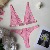 Ensemble de lingerie sexy rose en maille transparente avec volants, soutien-gorge et string, sous-vêtements coquins pour femmes, lingerie de nuit en dentelle, vente en gros OEM, marque privée, boutique