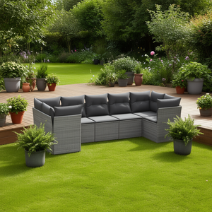 Modular Grey Pe <b>Rattan</b> Garden <b>Sofa</b> Set 7 Piece Outdoor Furniture Weather Resistant Contemporary Design - Product Image 2