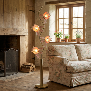 Lámpara de pie decorativa estilo escultura, pantalla de cristal con diseño de loto de 4 cabezas, base dorada pulida, luz ambiental cálida y suave para el hogar - Product Image 1