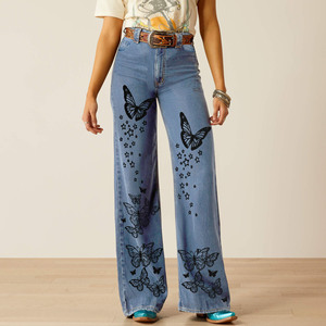 Jean large pour femme, bleu clair, imprimé papillon, en denim de coton non extensible, taille haute, style western 3657 - Product Image 1