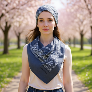 Angelina Cotton Square <b>Scarf</b> 54x54Cm Blue <b>Grey</b> Floral Pattern Multifunctional Headwear - Product Image 2