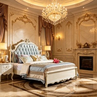 Lit de style rococo français en bois massif, tête de lit capitonnée en cuir bleu clair, sculpté, pour chambre à coucher (tailles King et Queen)