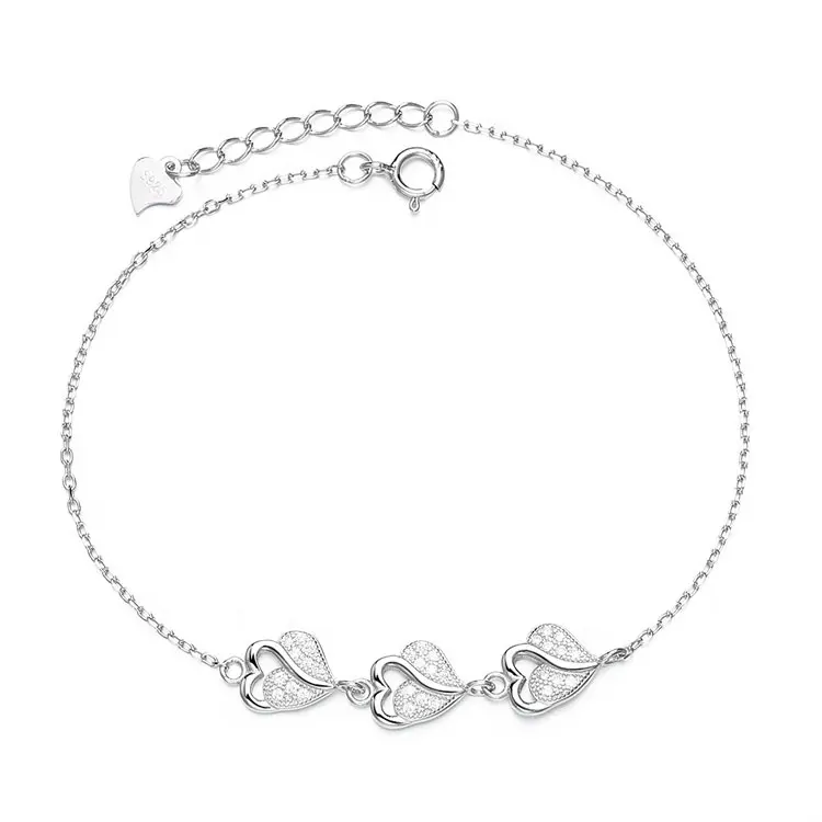 Wholesale Cute Heart Bracelet 925 Triple Love Charm Bangle Chain Sterling Silver for Kids Women's Zircon Chain & Link Bracelets