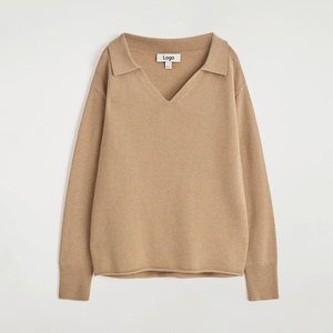 Suéter de Punto con Cuello Polo y Cuello en V para Mujer, Color Sólido, Manga Larga, Holgado, de Lana Acrílica, Personalizable con Logotipo OEM - Product Image 5