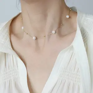 Collar de perlas de acero inoxidable en capas, joyería de oro de 14k hecha a mano, cadena de perlas delicadas