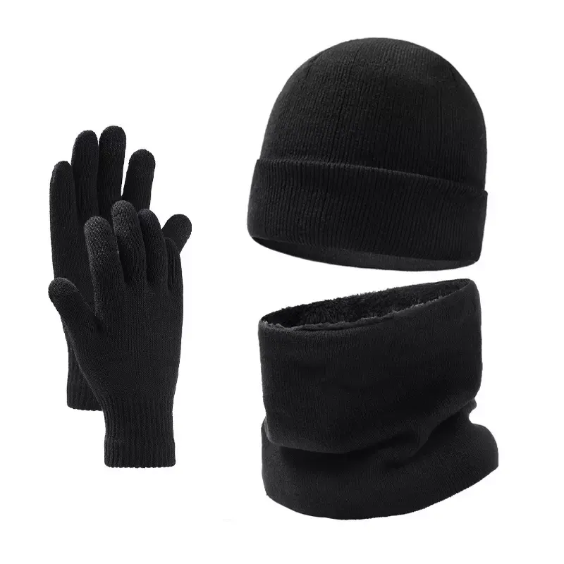 גברים נשים 3 PCS סרוג החורף חם כפת כובע צעיף מגע מסך כפפות סט