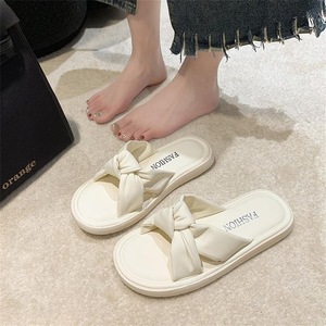 Elegant Cream PU Slides With Bow <b>Decoration</b> Flat Heel Open Toe Slip-On <b>Summer</b> Women's Sandals Comfortable EVA Sole - Product Image 2