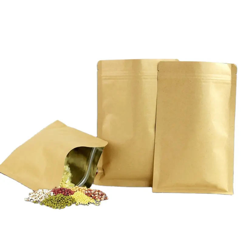 Kahverengi 3 yan mühürlü köşebent baskı ambalaj aype Mylar poli toplu Peva zanaat plastik Kraft kağıt hediye çantası