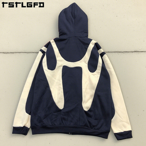 Sweat-shirt à capuche surdimensionné en coton lourd à blocs de couleur personnalisés écologiques, patchwork, masque personnalisé, fermeture éclair, automne, homme - Product Image 5