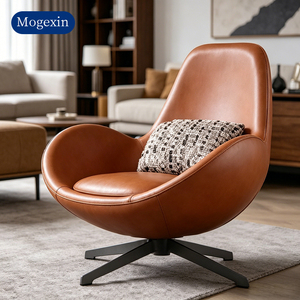 Modern Brown Leather Swivel Ergonomic Leisure Chair with 4-Star Metal Base for Apartment Dining Living Room & Bedroom Use - Product Image 1