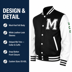 Chaqueta de Béisbol Varsity Personalizada para Hombre, Cuerpo de Lana Negra, Mangas de Cuero Blanco, Botones a Presión, Nombre del Equipo OEM - Product Image 6