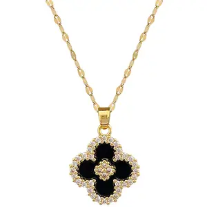 Hot selling latest fashion jewelry stainless steel black four leaf flower set zircon pendant for women's party necklace