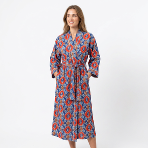 Peignoir léger pour femme 100 % coton, manches trois-quarts, col en V, style kimono, poches, imprimé floral, longueur intégrale, taille élastique - Product Image 1