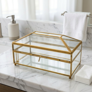 Wholesale Luxury Brass and Glass <b>Tissue</b> Holder Box for Home and <b>Weddings</b> Tabletop Decoration - Product Image 1