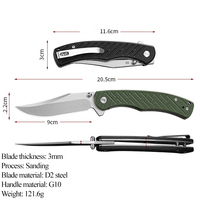 Couteau pliant en acier D2 avec manche en G10, lame finition satinée, couteau utilitaire portable EDC pour le camping et la randonnée