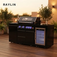Îlot de cuisine extérieur noir avec barbecue à gaz 8 brûleurs, évier, réfrigérateur, station BBQ autoportante en acier inoxydable pour jardin