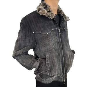 Wholesale OEM Custom Mens Vintage Washed Striped Corduroy Jacket Faux Fur Collar <b>Rivet</b> Decorated Zip Up Casual Outerwear - Product Image 3