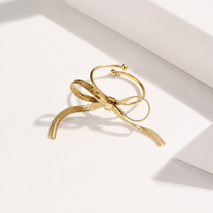 Adjustable Textured Bow Open <b>Ring</b> <b>Stainless</b> <b>Steel</b> 14K Gold Vacuum Plating Ribbon Statement Jewelry - Product Image 1