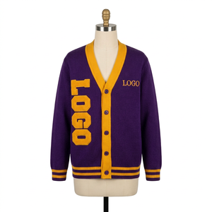 Custom Chenille Letterman College <b>Cardigan</b> V-Neck Knit Varsity Sweater with Chest Embroidery and Striped Ribbed Trim - Product Image 1