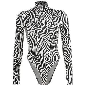 Custom Logo Sexy Zebra Print Coltrui Bodysuit Bodycon Lange Mouwen Bodysuit Katoen Body Womens Skinny Jumpsuit