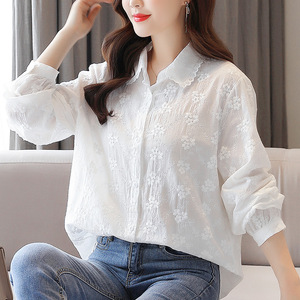Camisa <span class=keywords><strong>Blanca</strong></span> de Algodón con <span class=keywords><strong>Encaje</strong></span> en la Solapa para Mujer, <span class=keywords><strong>Manga</strong></span> <span class=keywords><strong>Larga</strong></span>, Primavera-Otoño 2026, <span class=keywords><strong>Blusa</strong></span> Elegante y Hermosa, Top de Algodón Puro - Product Image 1
