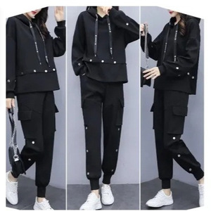 Women <b>Tracksuit</b> Set Black Plus Size Hooded Casual Sporty Loose Fit Two Piece Suit <b>Polyester</b> Fabric - Product Image 2